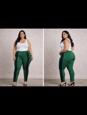 Curve Green High Waisted Leggings With Mesh Side Panels